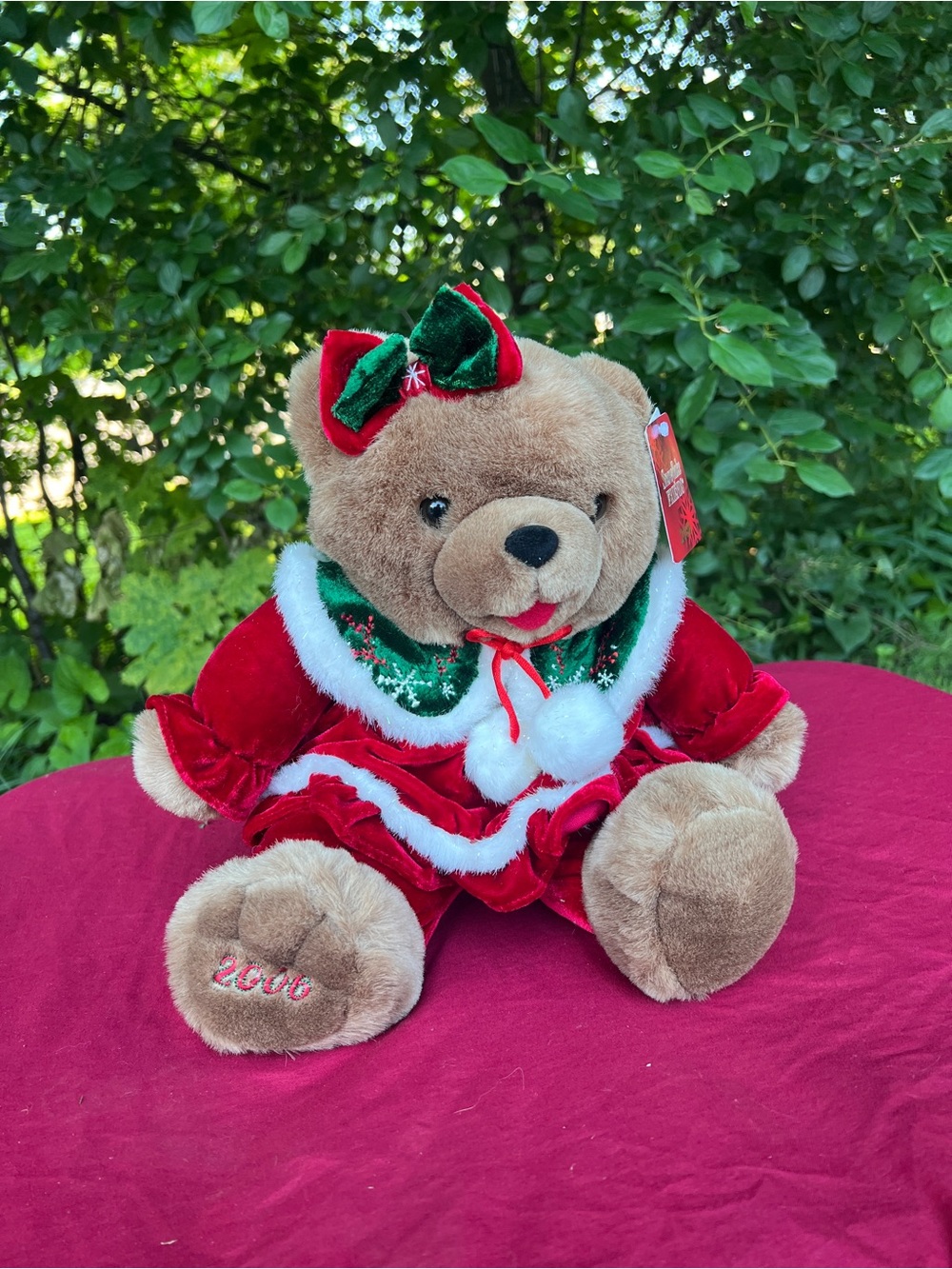Holiday Plush Bear in Red and Green Dress - Festive Teddy - 2006